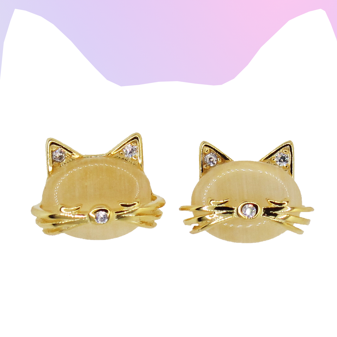 Sleepy Cat Crystal Stud Earrings | Yellow Cat's Eye & Crystal Accents