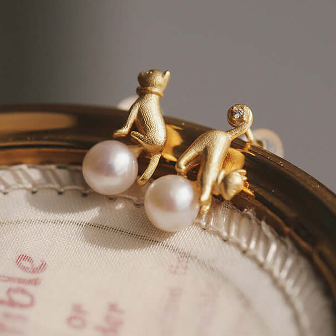 Gold Playful Kittens Asymmetrical Pearl Earrings