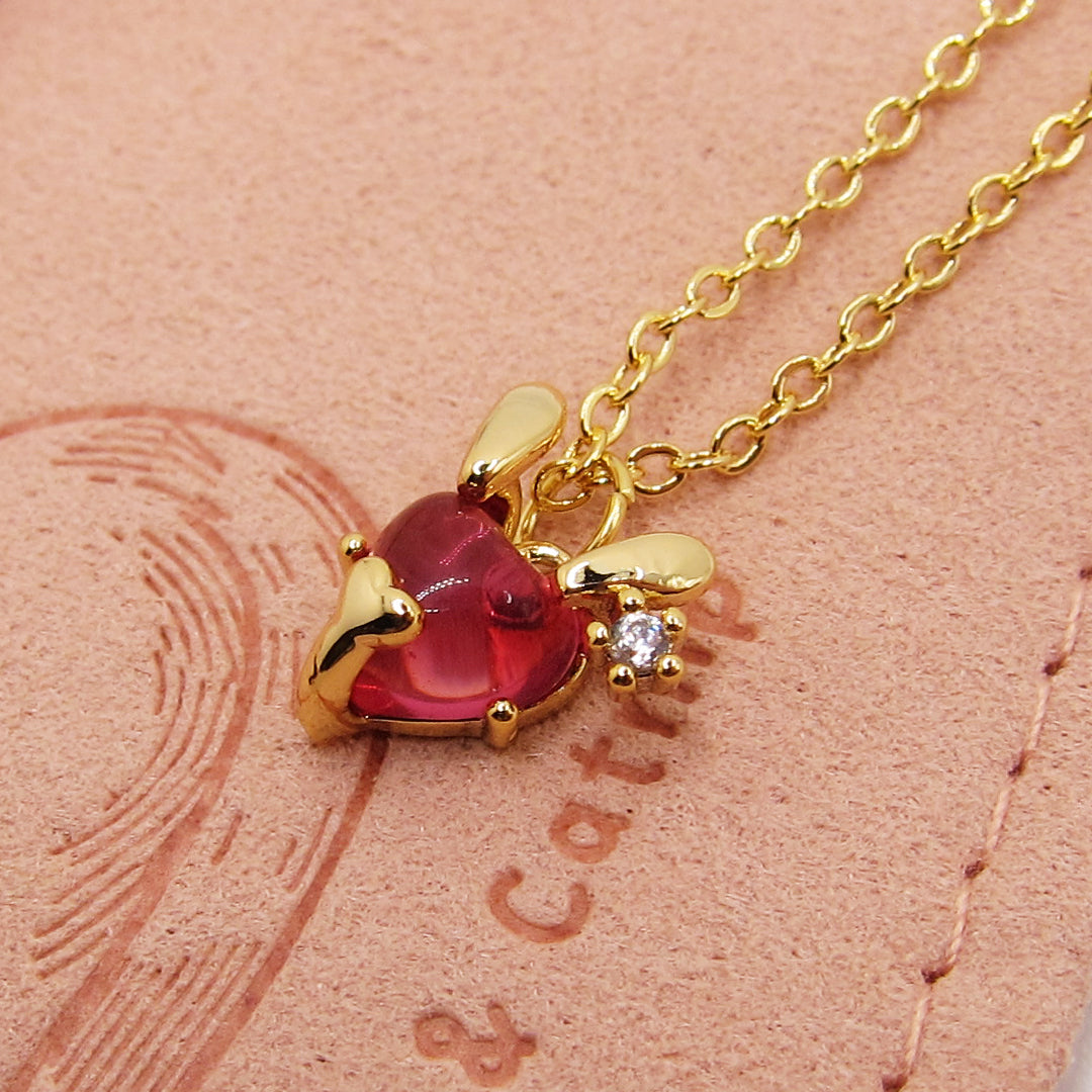 Hop to Heart: Gold-Plated Bunny Necklace with Ruby-Red Charm & Crystal Accent