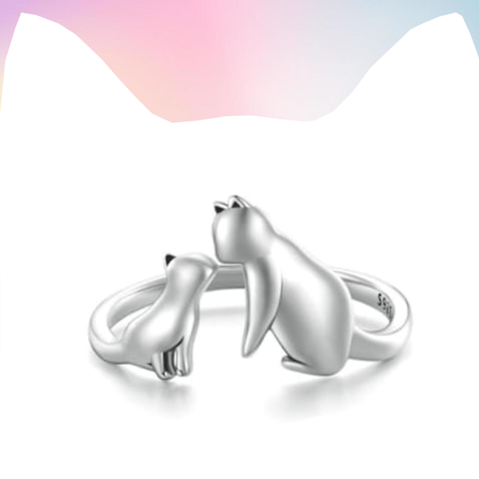 Kitten and Mother Cat Sterling Silver Adjustable Ring