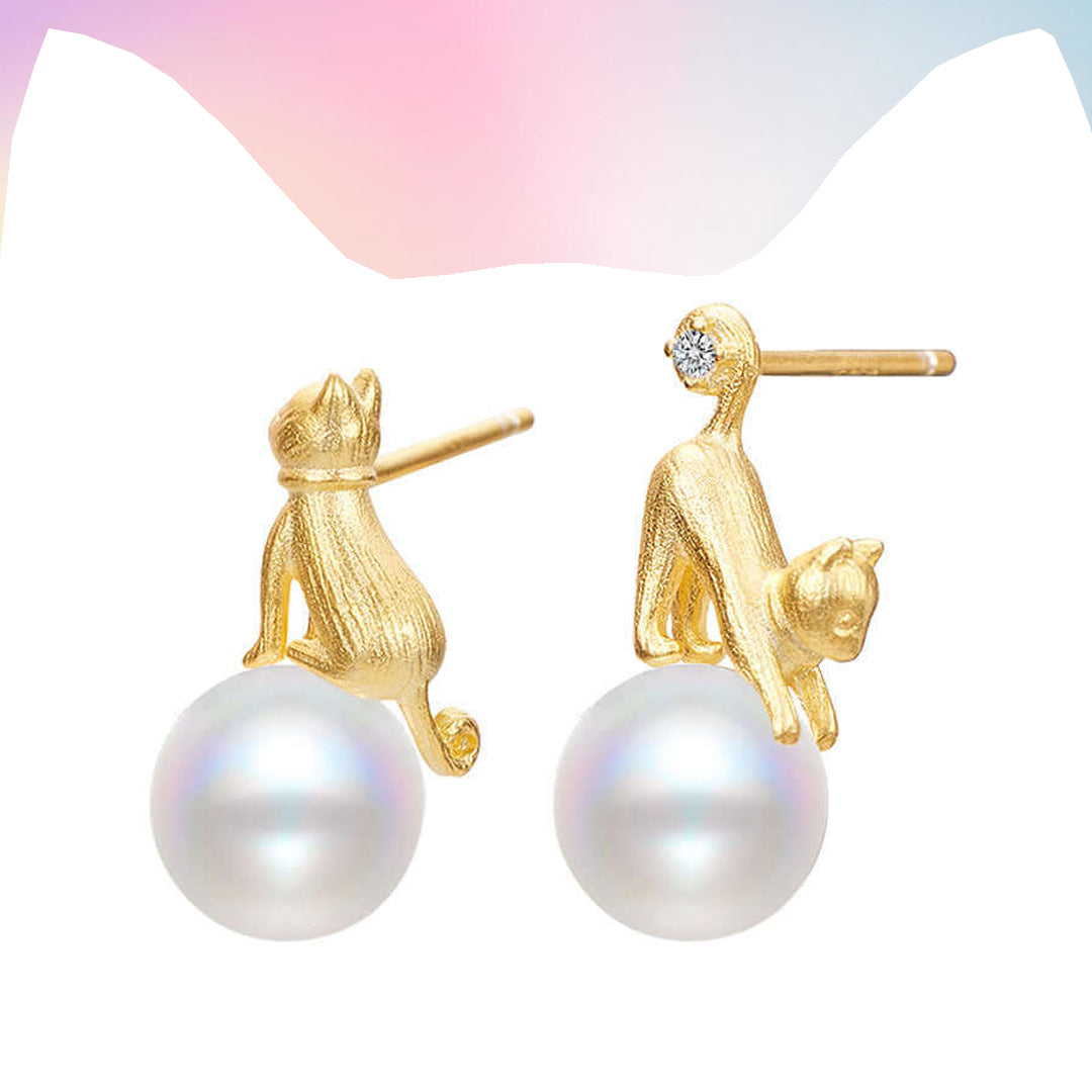 Gold Playful Kittens Asymmetrical Pearl Earrings