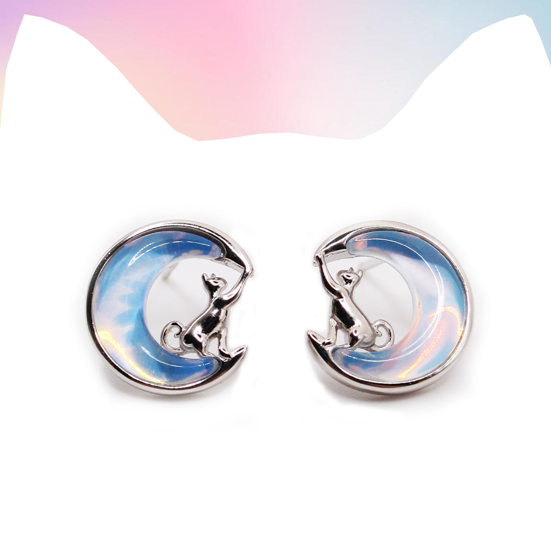 Dreamy Crescent Moon Cat Stud Earrings