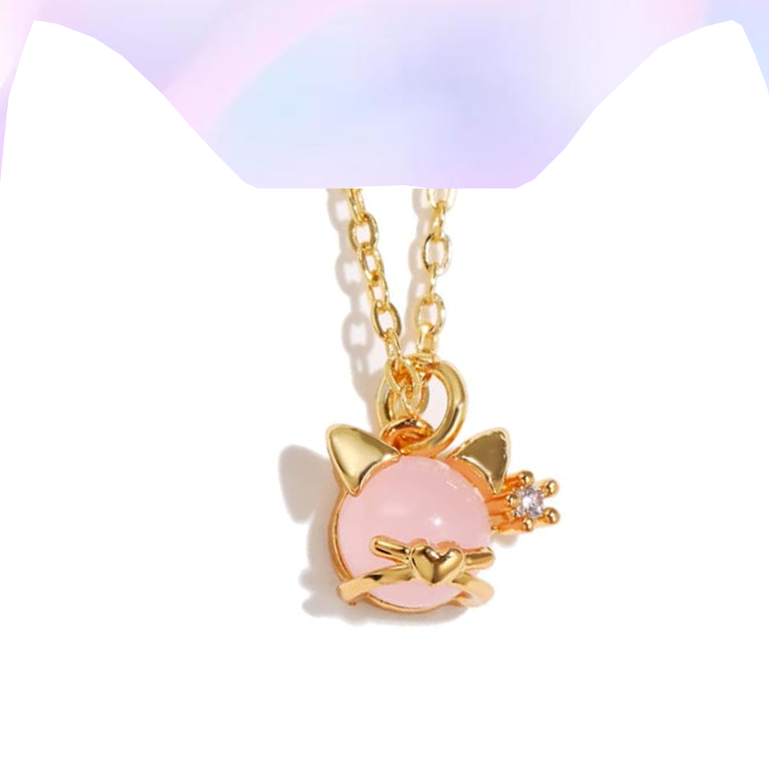 Pink Moonlit Whiskers: Gold-Plated Kitty Charm Necklace with Pink Moonstone and Crystal Accent