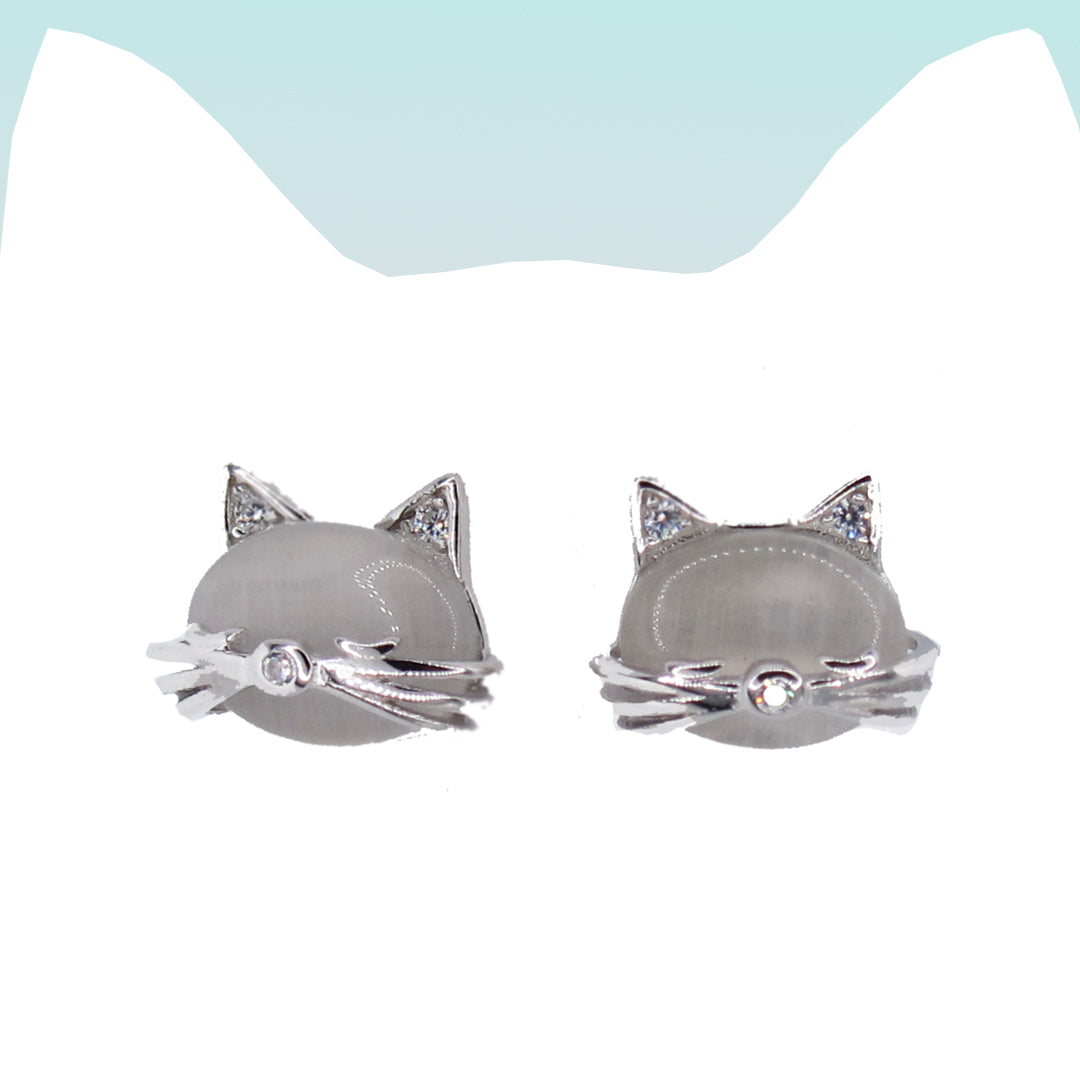 Sleepy Cat Crystal Stud Earrings | Silver Cat's Eye & Crystal Accents