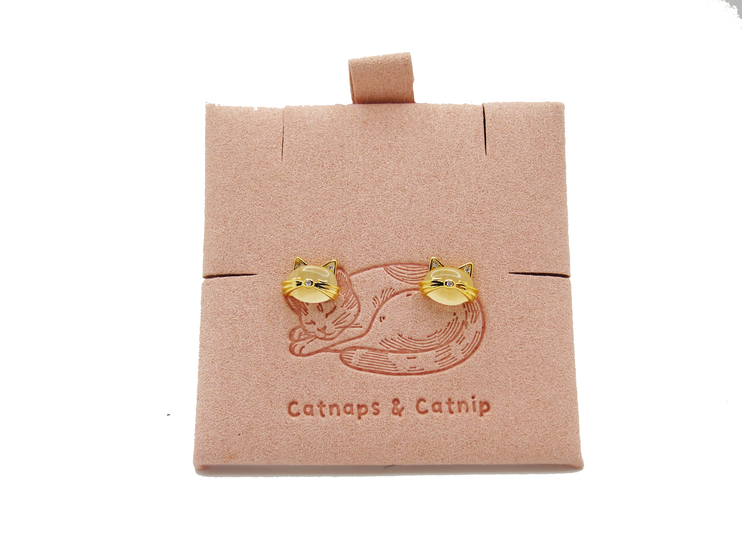 Sleepy Cat Crystal Stud Earrings | Yellow Cat's Eye & Crystal Accents